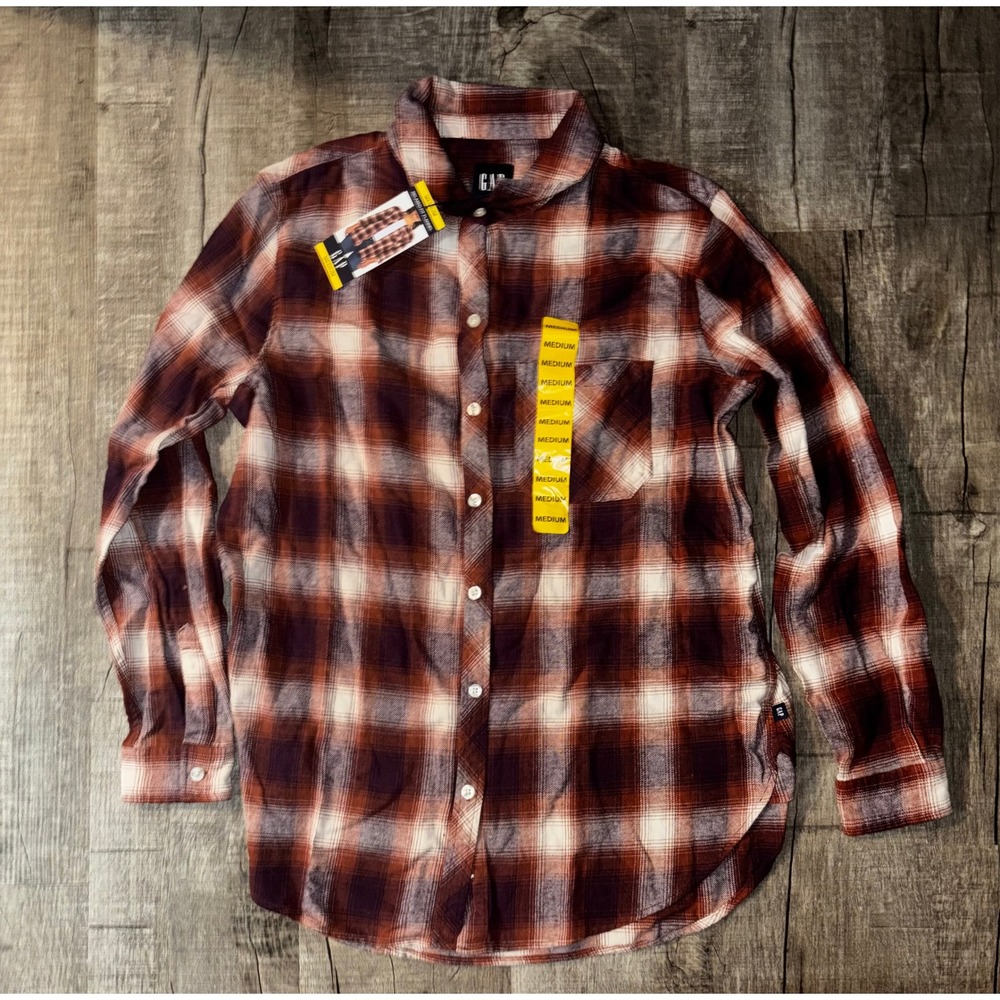 Gap Womens Plaid Flannel Button Down‎ Shirt Burgundy Cream Medium NWT